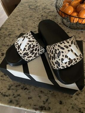 adidas Leopard Print Slide Sandals with White Logo Accent